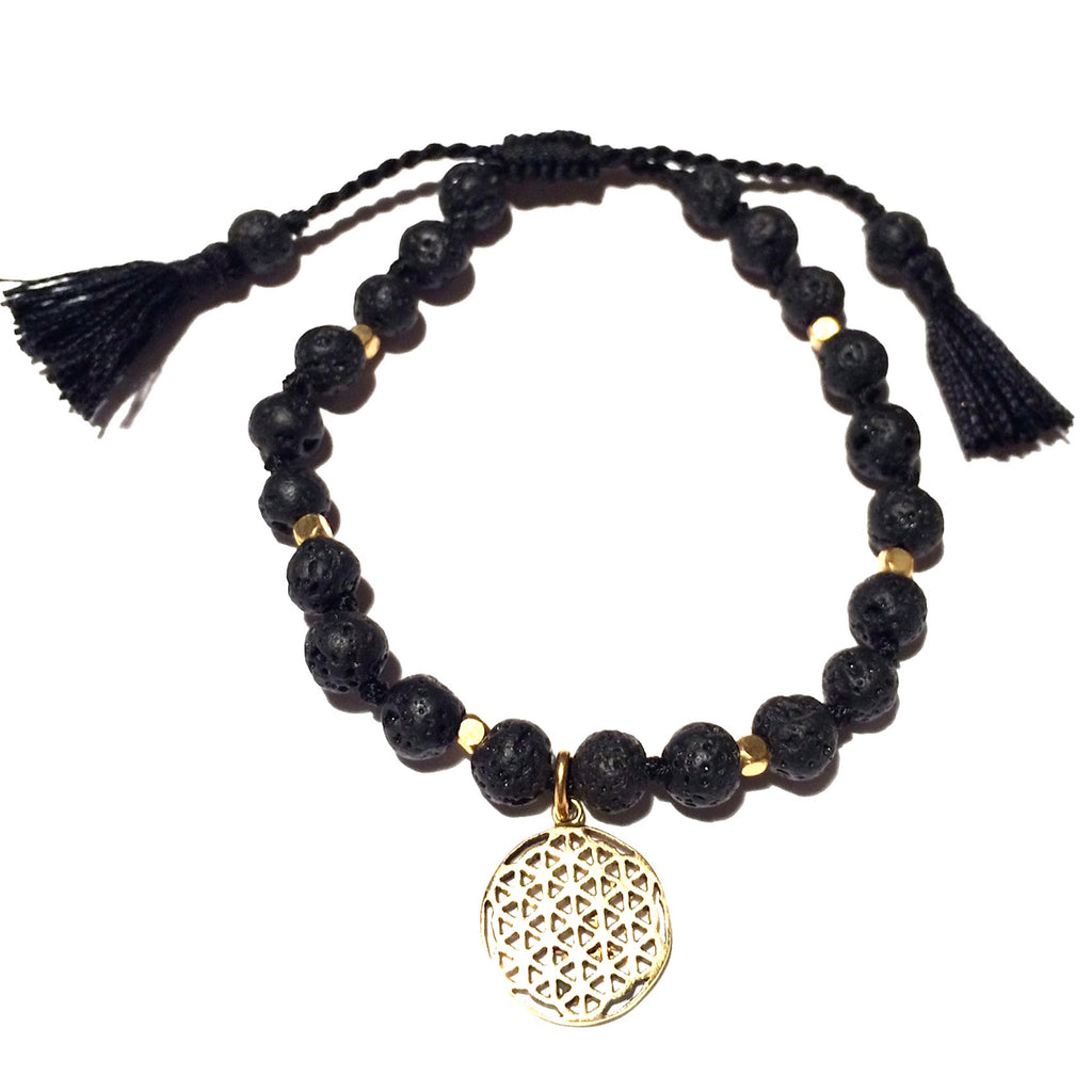 Lava Mala Beads Yoga Bracelet Brass Flower Of Life sacred geometry charm