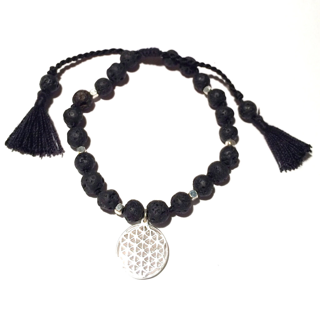 Lava Mala Beads Yoga Bracelet Silver Flower Of Life sacred geometry charm