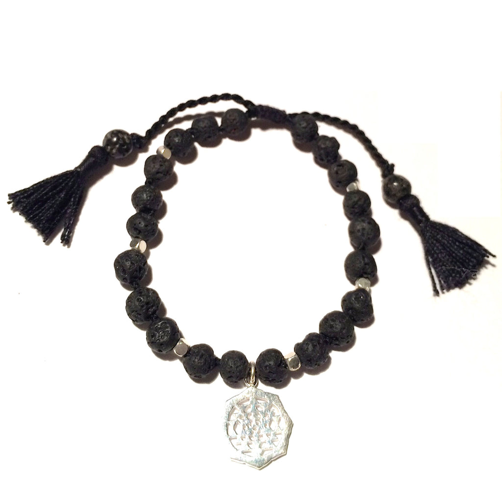 Lava Mala beads yoga bracelet Silver Sri Yantra sacred geometry charm handmade wrist Mala beads