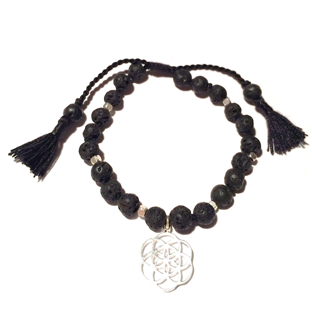 Lava Mala Beads Yoga Bracelet Silver Seed Of Life Sacred Geometry charm