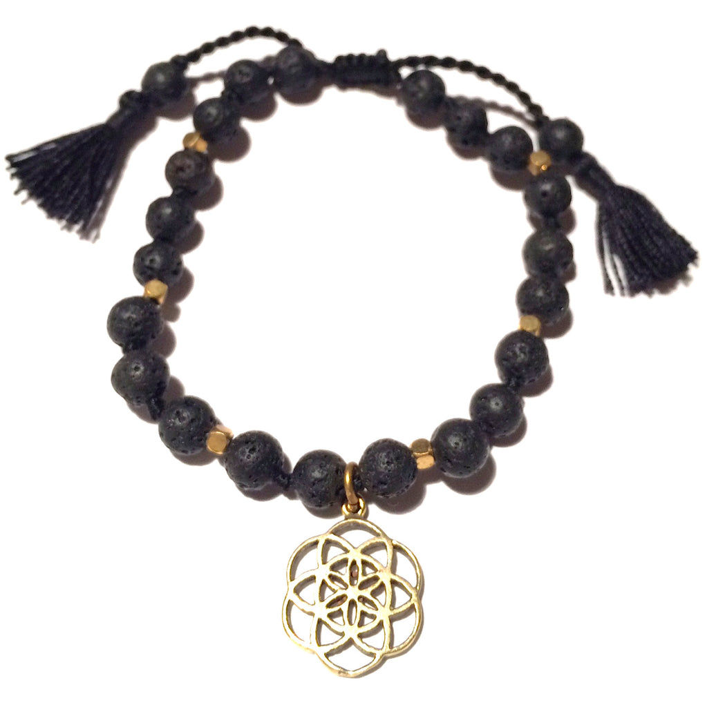 Lava stone Mala beads yoga bracelet with Brass Seed Of Life sacred geometry charm handmade yoga jewellery