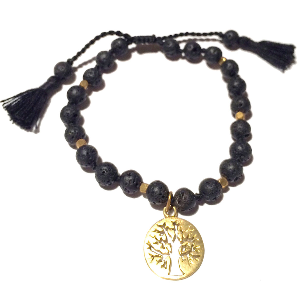 Lava stone Mala Bracelet Brass Tree Of Life charm handmade yoga jewellery wrist Mala beads
