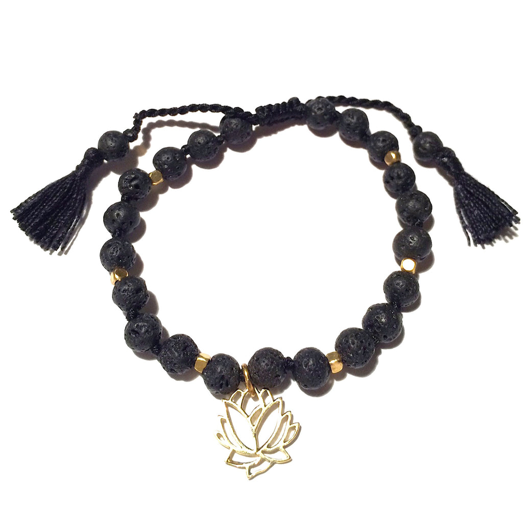 Wrist Mala beads Lava stone yoga bracelet brass Lotus charm
