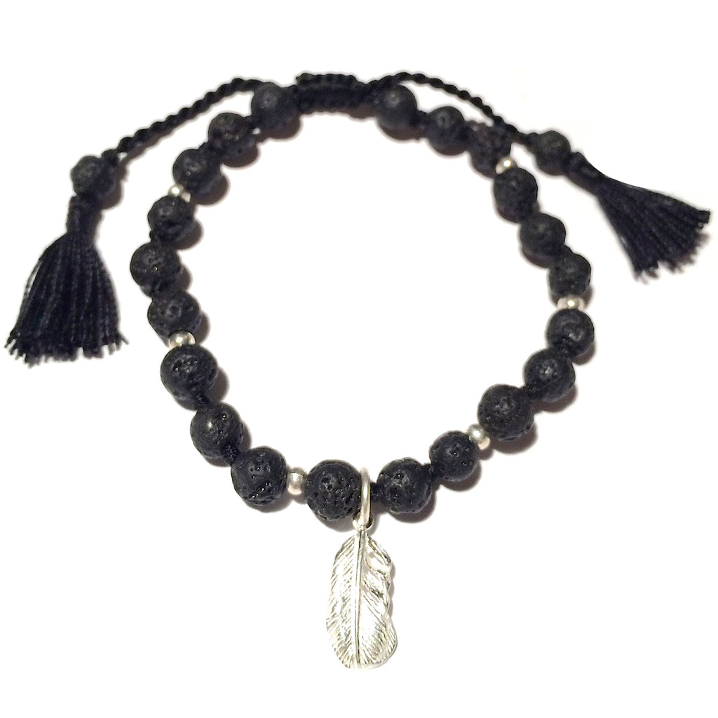Lava Mala Bracelet Silver feather handmade yoga jewellery wrist Mala beads