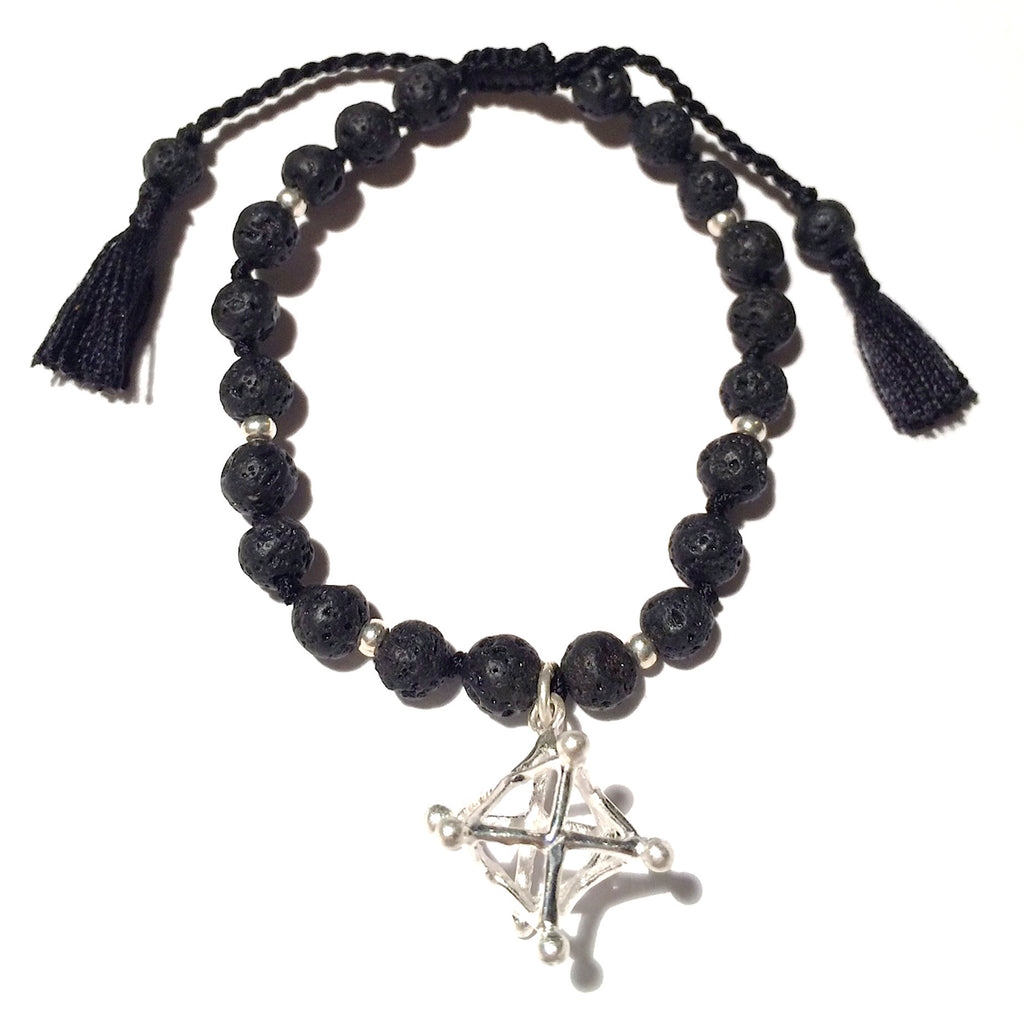 Lava Mala beads yoga bracelet silver merkaba sacred geometry charm wrist mala