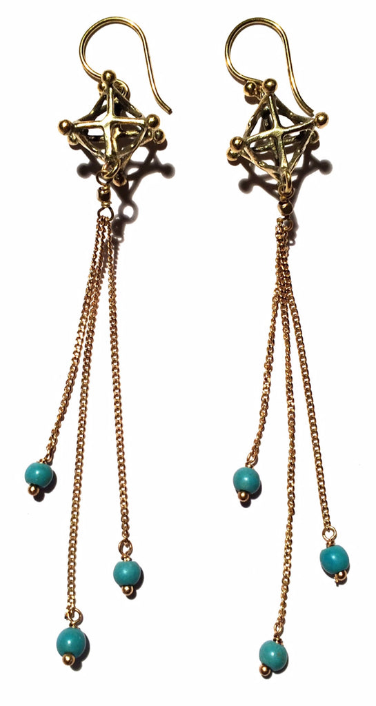 Merkaba sacred geometry Earrings brass chain & Turquoise
