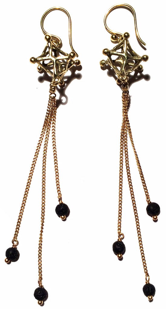 Merkaba sacred geometry Earrings brass chain & Lava Stone