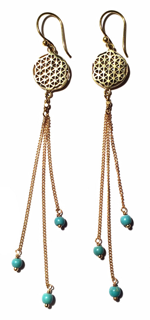 Flower Of Life Sacred Geometry Earrings brass chain & Turquoise