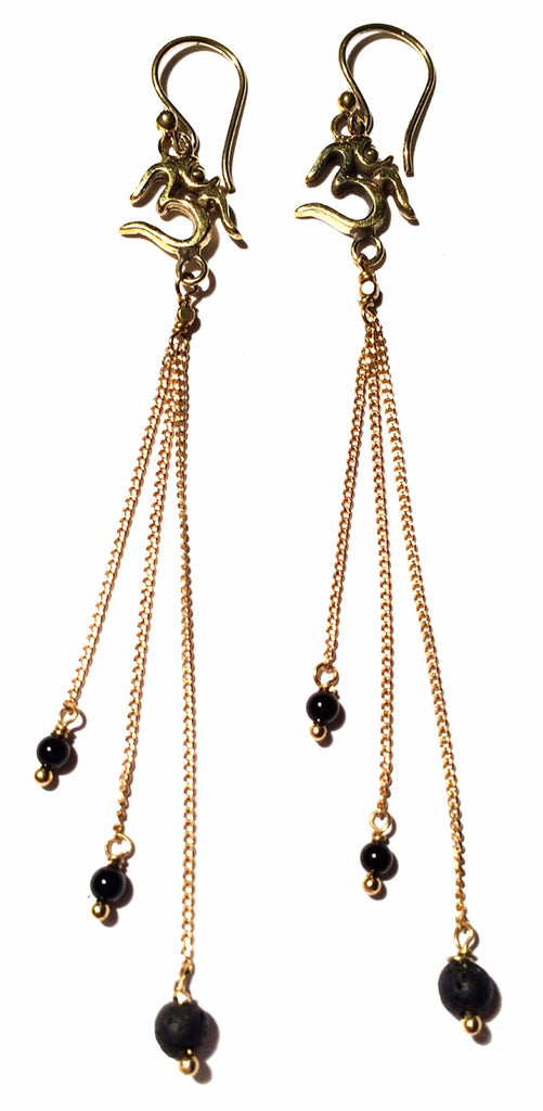Om Earrings brass chain & Lava Stone
