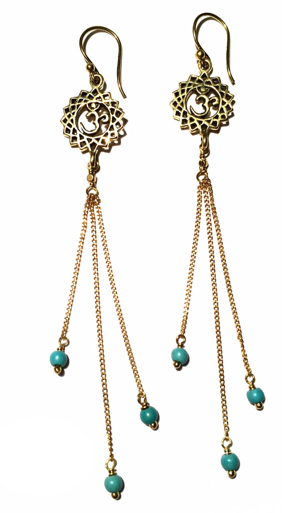 Crown Chakra Om Earrings brass chain & Turquoise