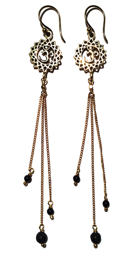 Crown Chakra Om Earrings brass chain & Lava Stone
