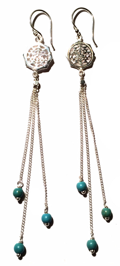 Sri Yantra Sacred Geometry Earrings silver chain & Turquoise