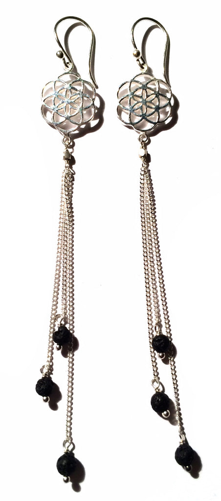 Seed Of Life sacred geometry Earrings silver chain & Lava Stone