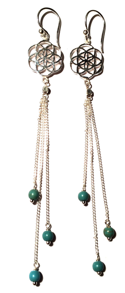 Seed Of Life Earrings silver chain & Turquoise - Heart Mala