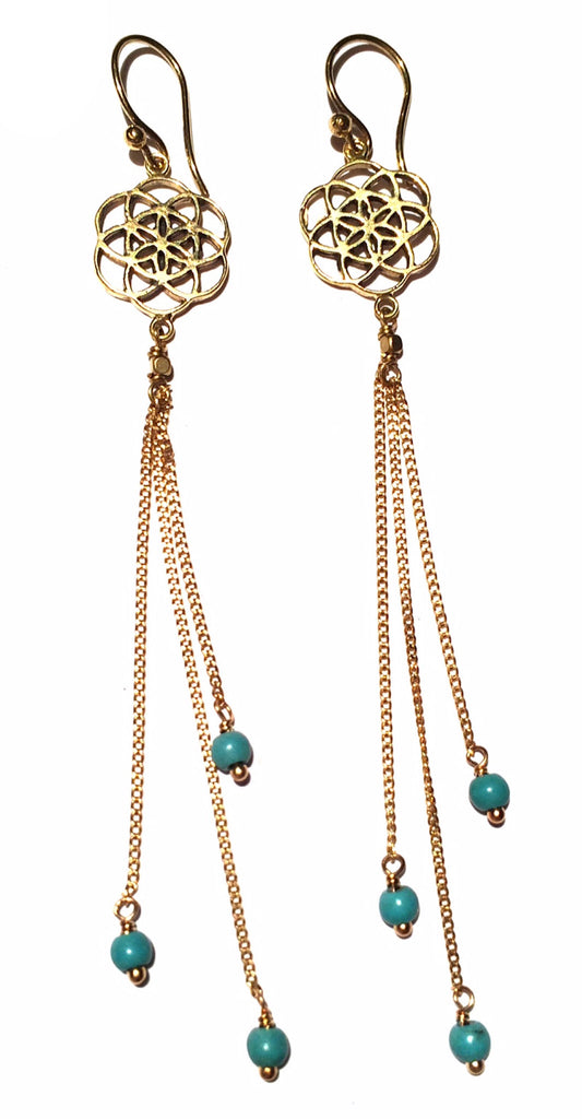 Seed Of Life Sacred Geometry Earrings brass chain & Turquoise