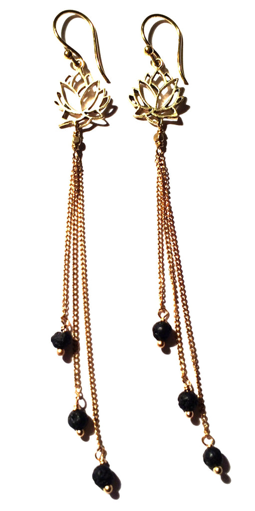 Lotus Earrings brass chain & Lava Stone