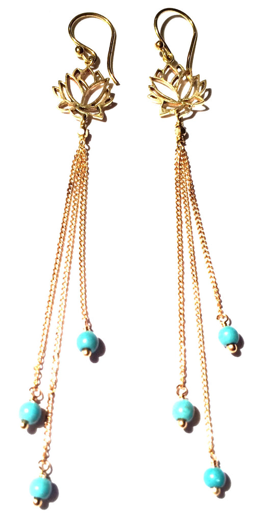 Lotus Earrings brass chain & Turquoise - Heart Mala