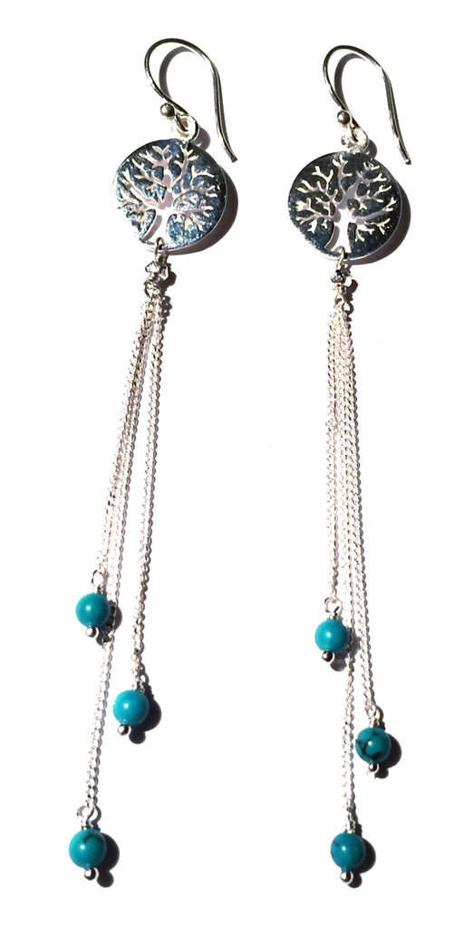 Tree of life Earrings silver chain & Turquoise - Heart Mala