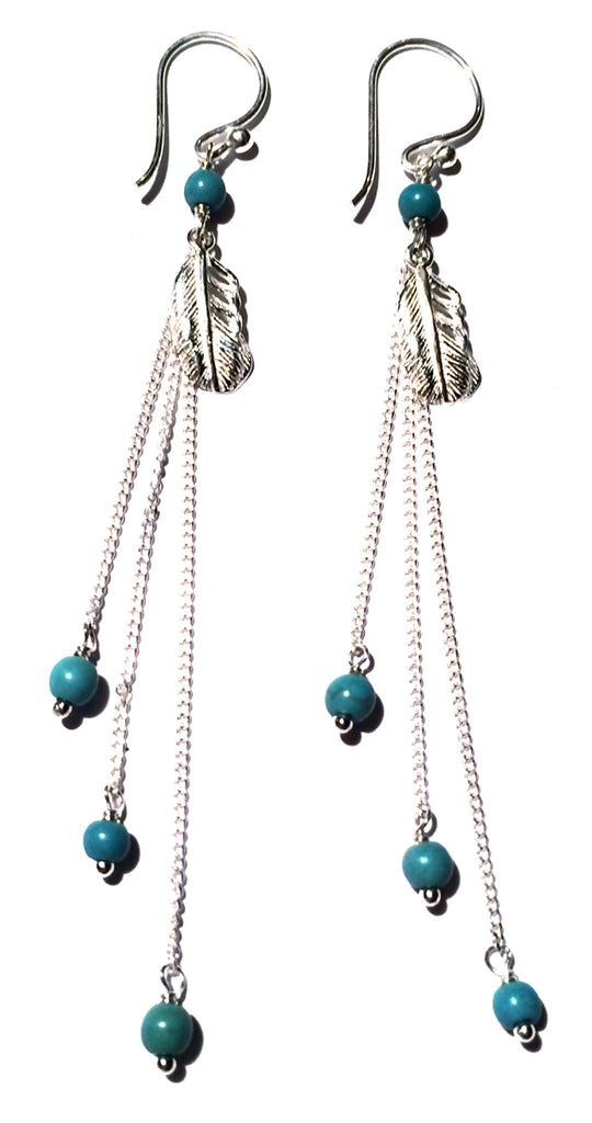 Feather Earrings silver chain & Turquoise