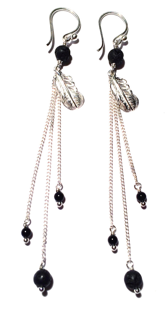 Feather Earrings silver chain & Lava Stone