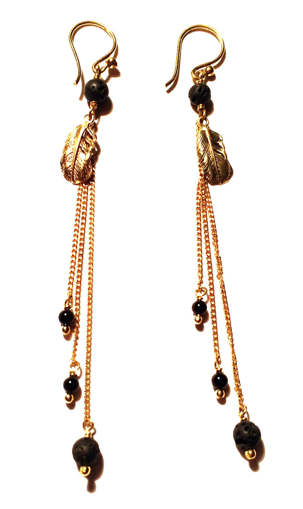 Feather Earrings brass chain & Lava Stone