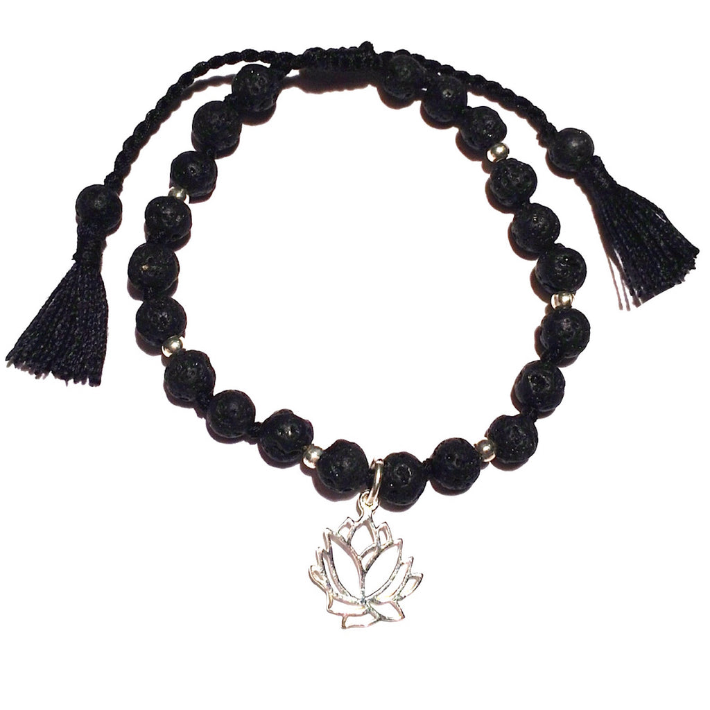 Lava Mala beads yoga bracelet silver Lotus charm wrist Mala