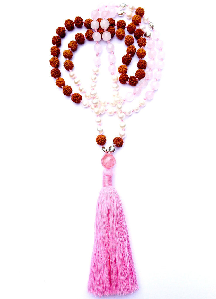 Mala prayer Beads yoga necklace handmade from rose quartz, pearl, rudraksha