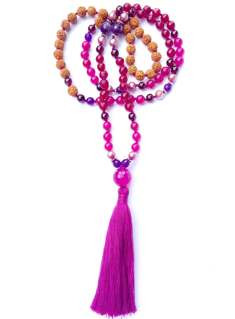 Mala prayer Beads yoga necklace handmade from ruby quartz, amethyst, garnet, pearl, rudraksha