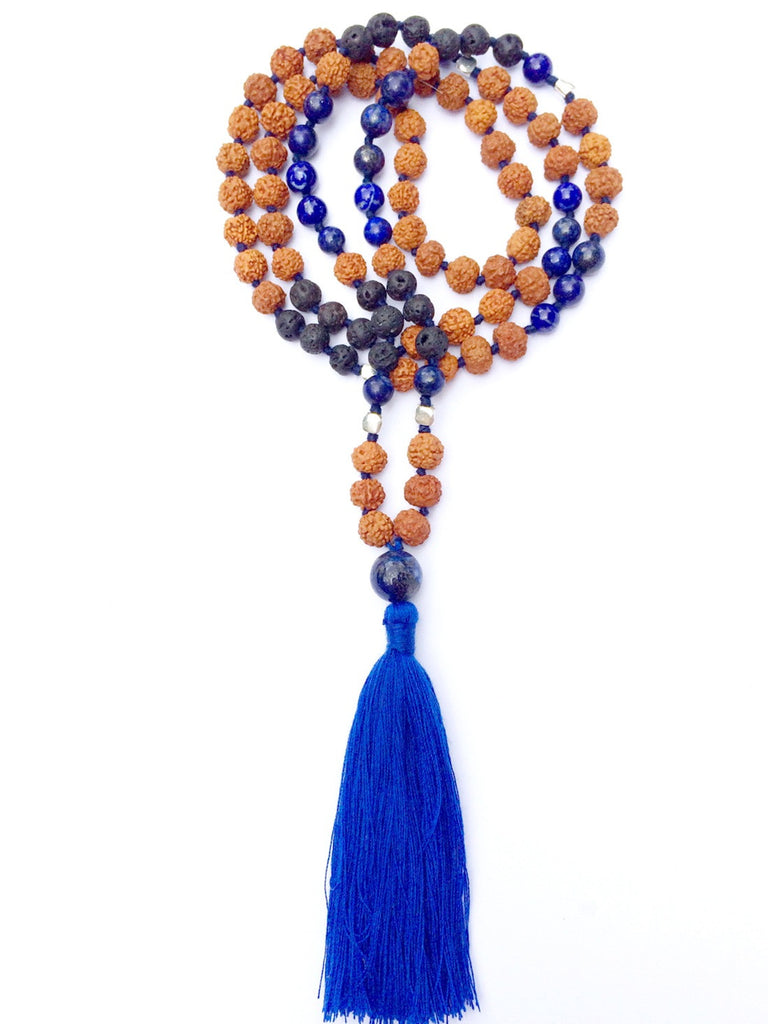 Mala prayer Beads yoga necklace handmade from Lapis Lazuli, Lava, rudraksha