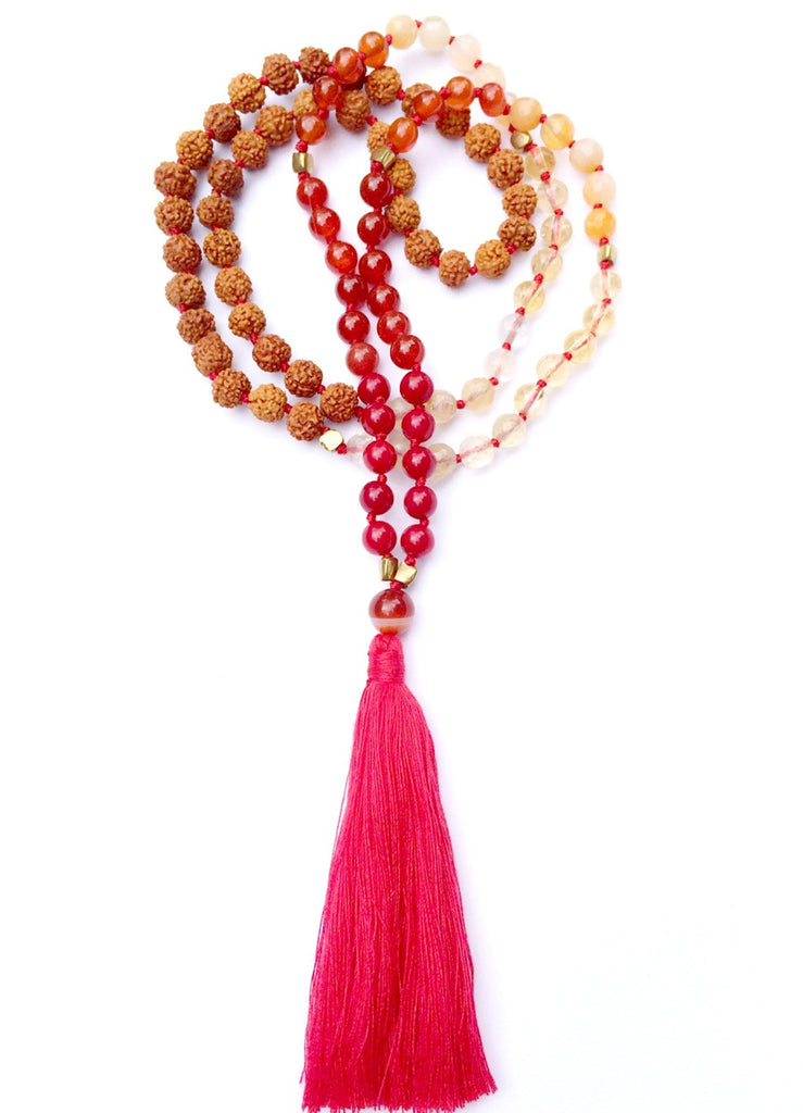 Mala prayer Beads yoga necklace handmade from Red Coral, Agate, Citrine, rudraksha
