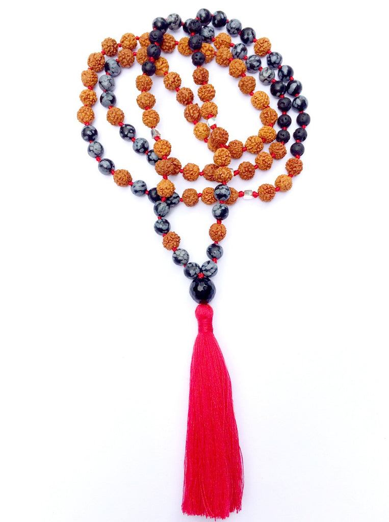 Mala prayer Beads yoga necklace handmade from Snowflake Obsidian, Lava, Onyx, rudraksha