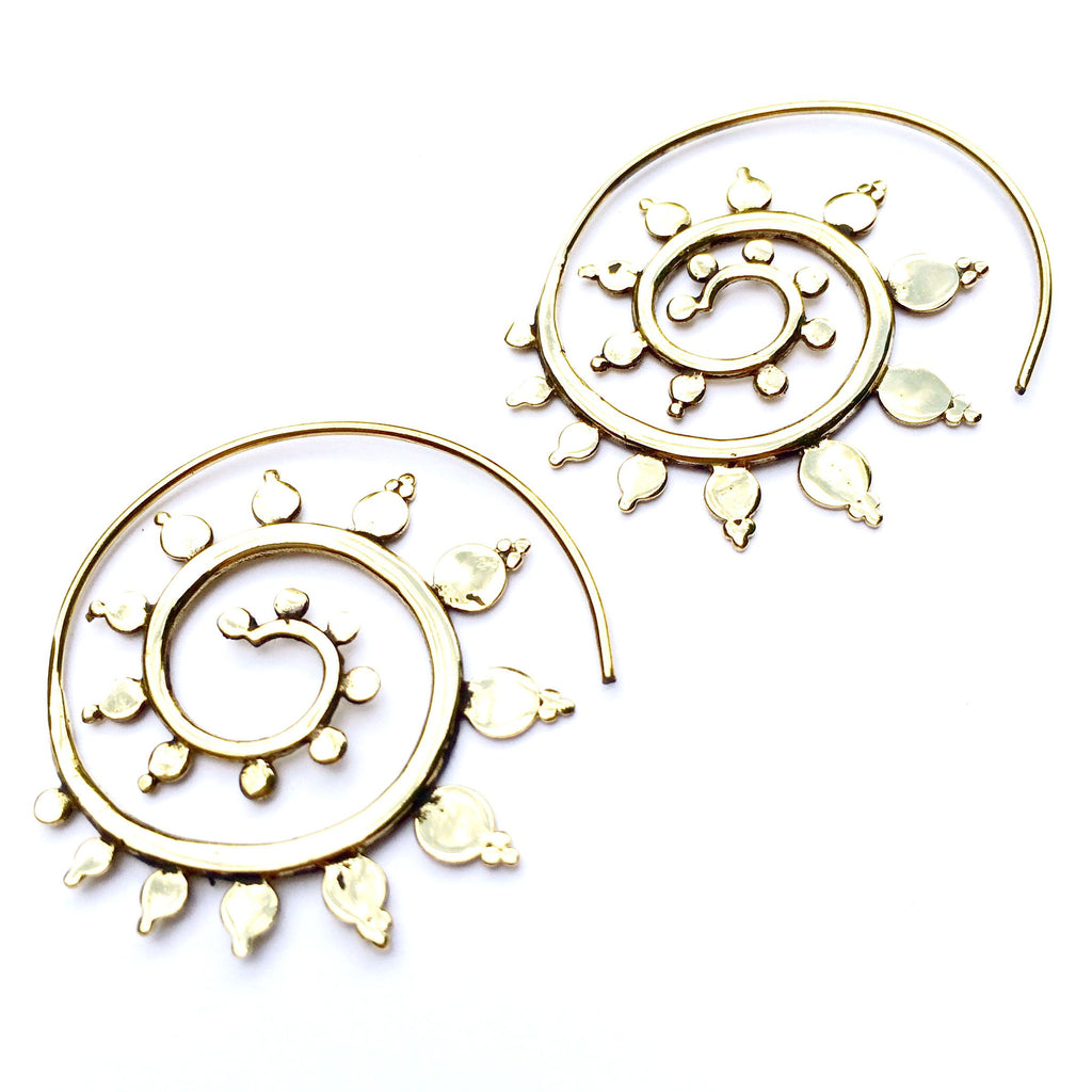 Spiral Crop Circle brass earrings - Heart Mala