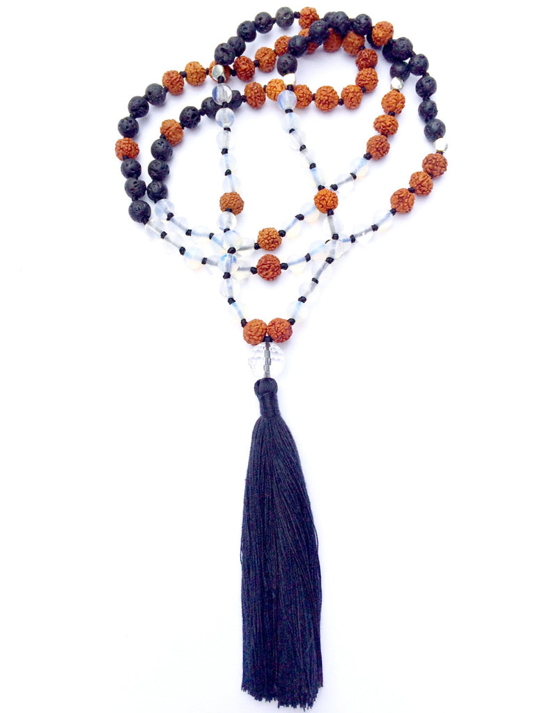 Mala Prayer Beads yoga necklace handmade from Lava, Moonstone, Quartz, rudraksha