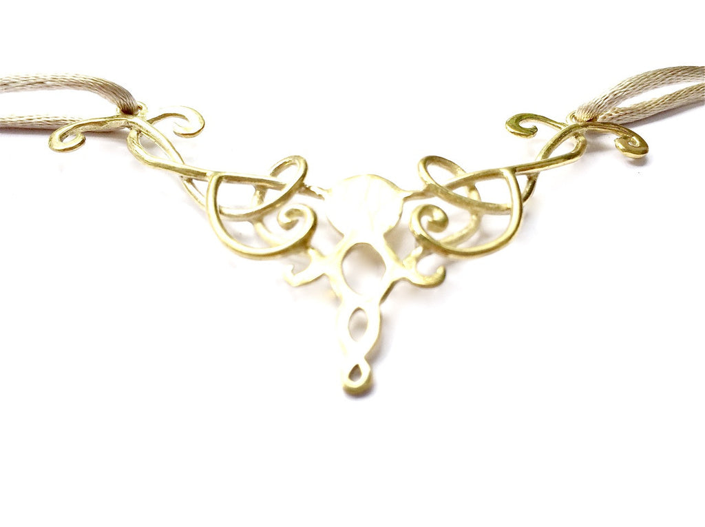 brass CELTIC PRIESTESS TIARA necklace on blond satin handmade Celtic jewellery