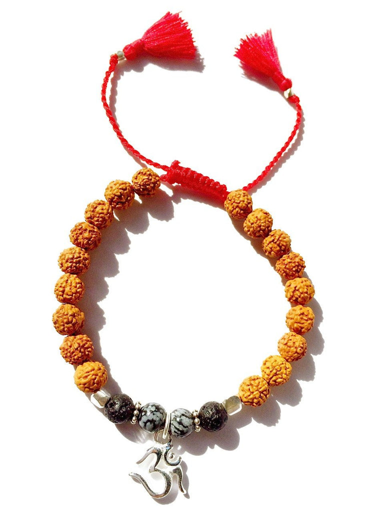 OM wrist Mala Beads mens yoga bracelet, obsidian, lava stone, rudraksha