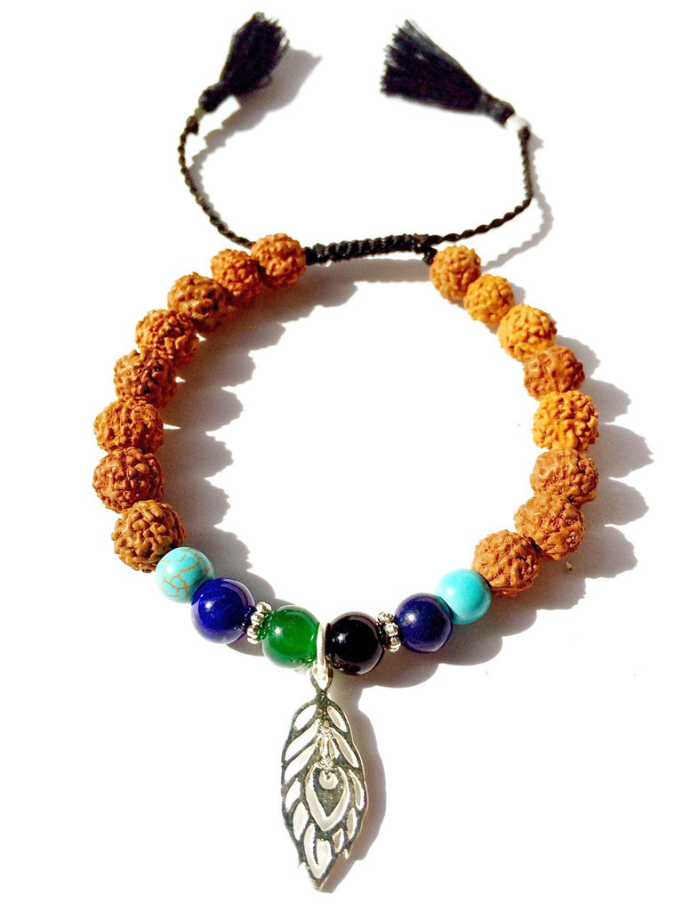 feather wrist mala beads yoga bracelet, rudraksha, turquoise, lapis, jade - Heart Mala Byron Bay