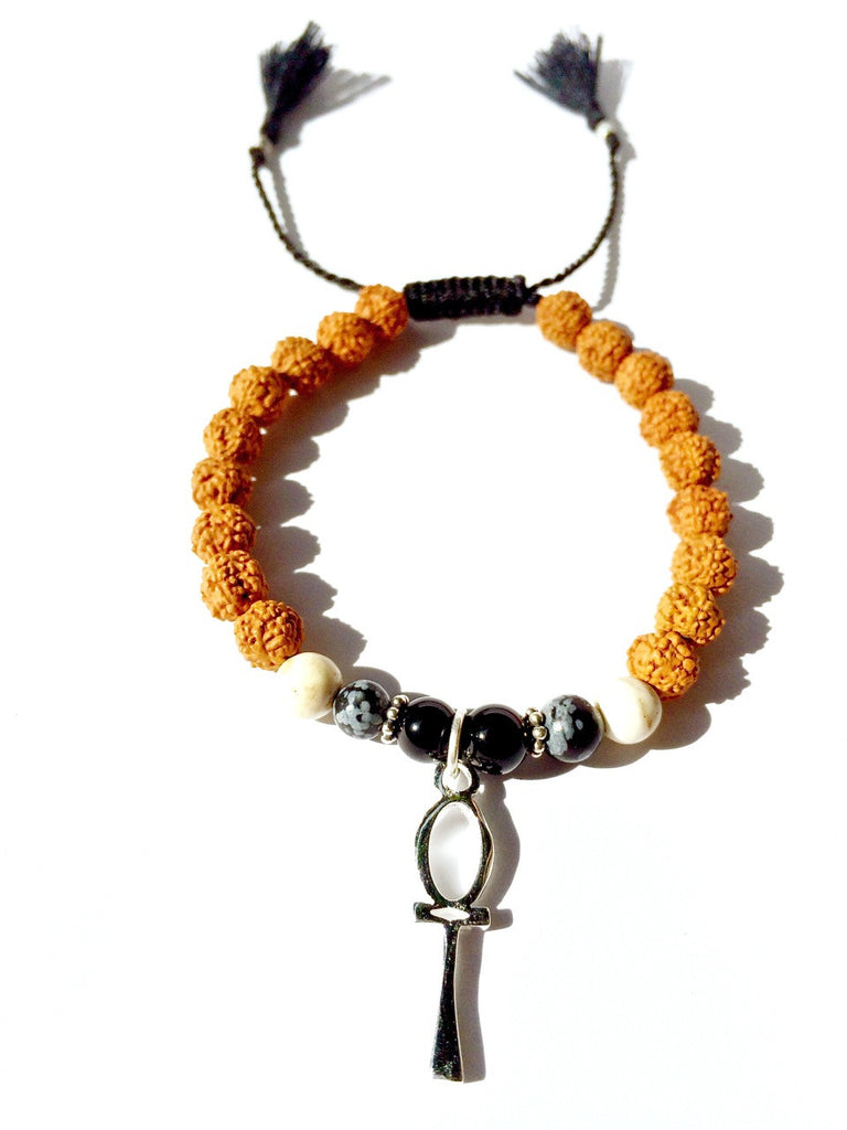 Ankh wrist Mala Beads yoga bracelet, rudraksha, howlite, obsidian, onyx