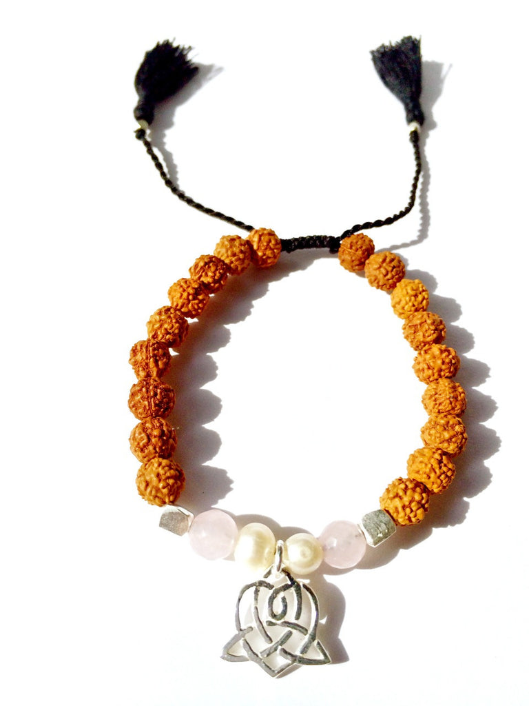 celtic heart wrist mala beads yoga bracelet, rudraksha, rose quartz, pearl - Heart Mala