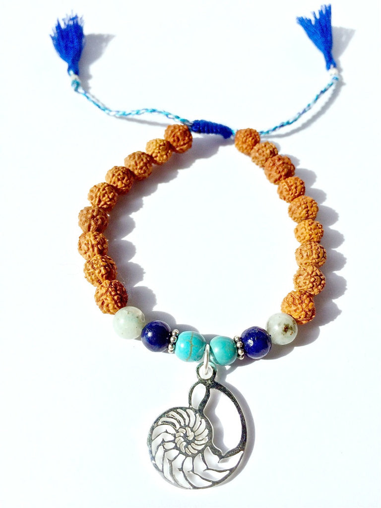 nautilus shell wrist Mala Beads yoga bracelet, rudraksha, lapis lazuli, turquoise