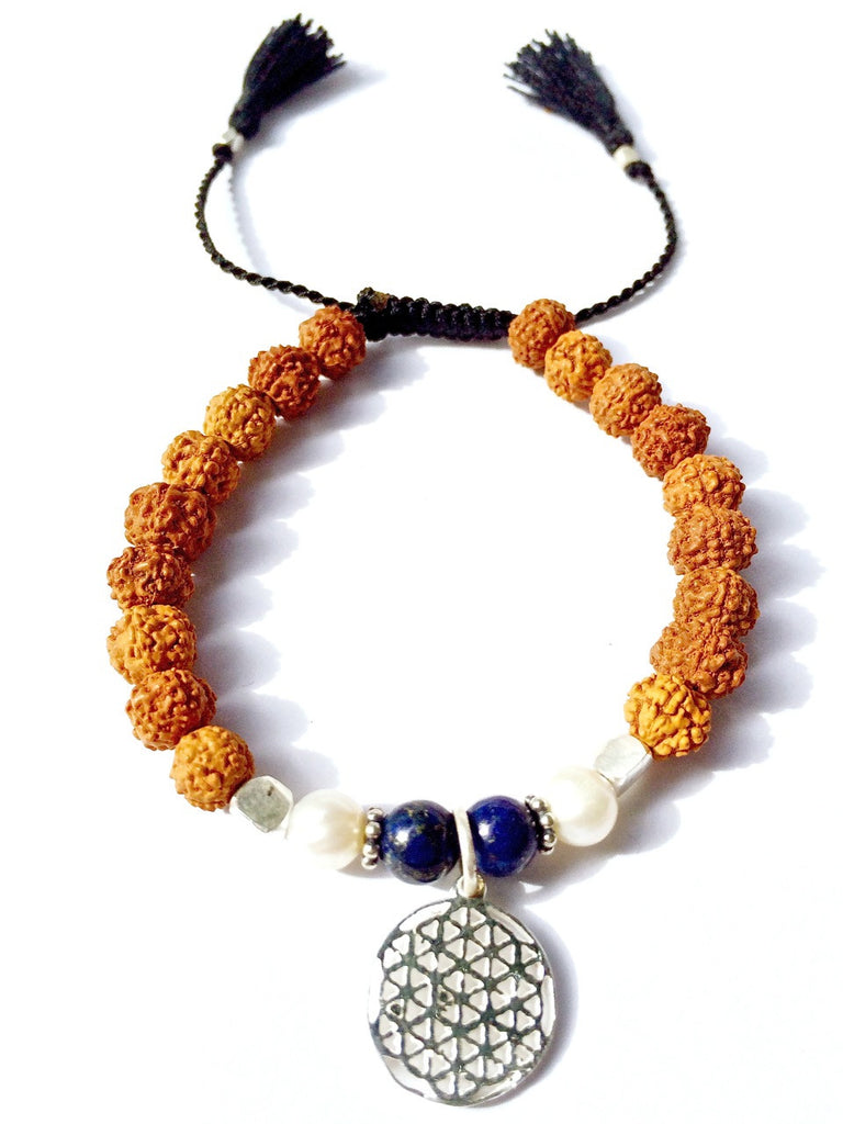 flower of life Sacred geometry wrist mala beads yoga bracelet, rudraksha, pearl, lapis lazuli - Heart Mala