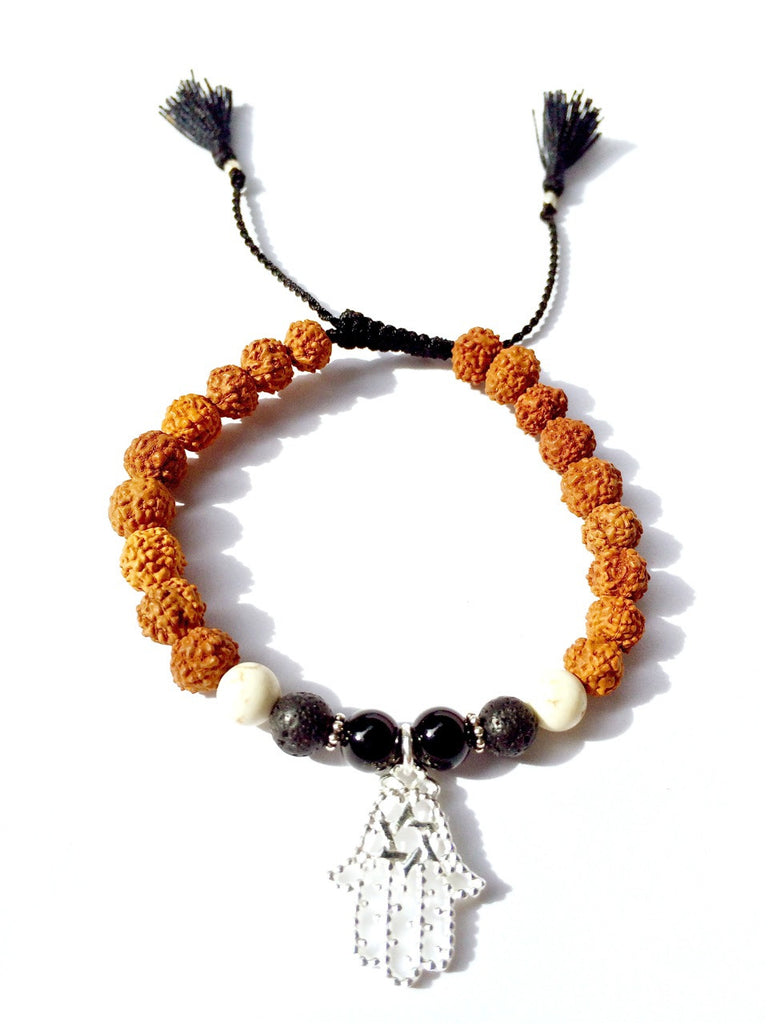 Hamsa hand wrist Mala Beads yoga bracelet, rudraksha, howlite, lava, onyx