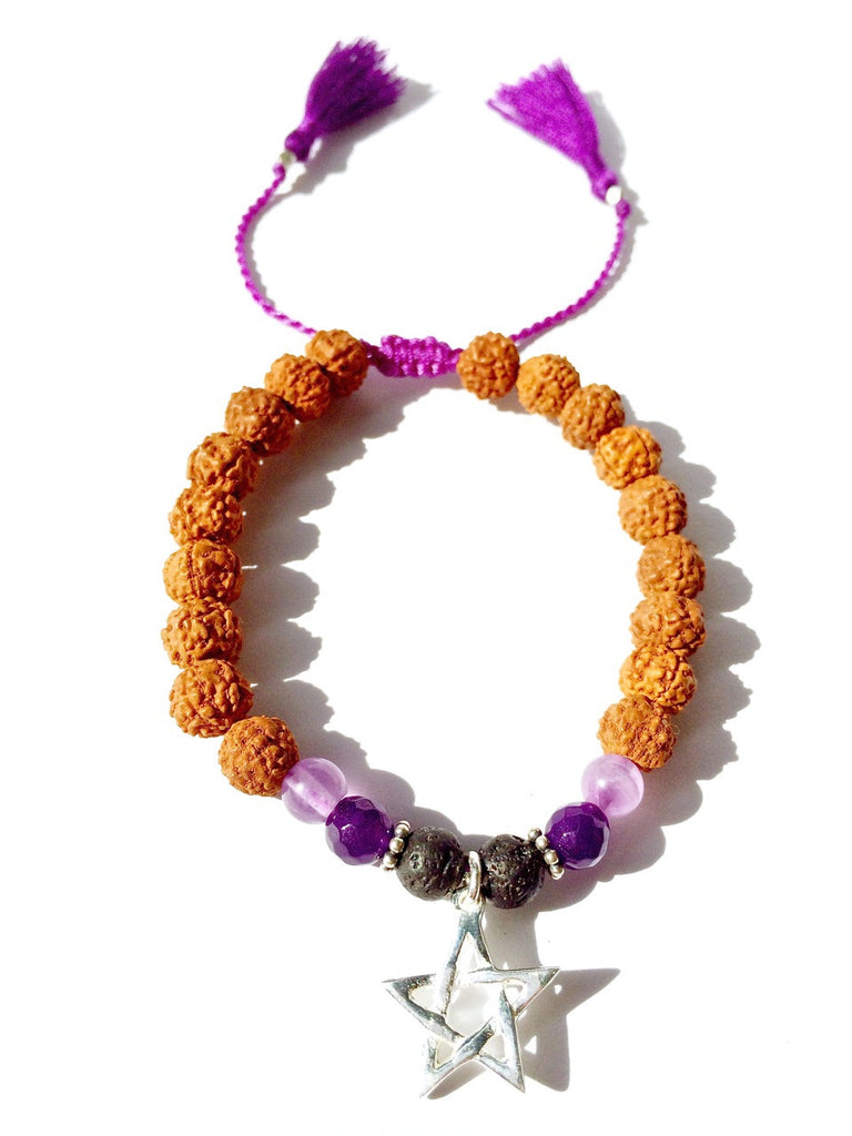 Pentagram wrist Mala Beads yoga bracelet, rudraksha, amethyst, lava