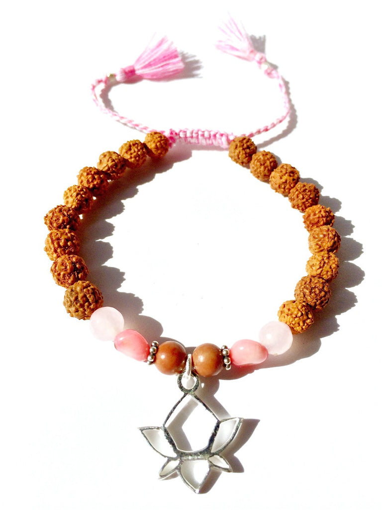 lotus wrist mala beads yoga bracelet, rudraksha, rose quartz, pink coral - Heart Mala