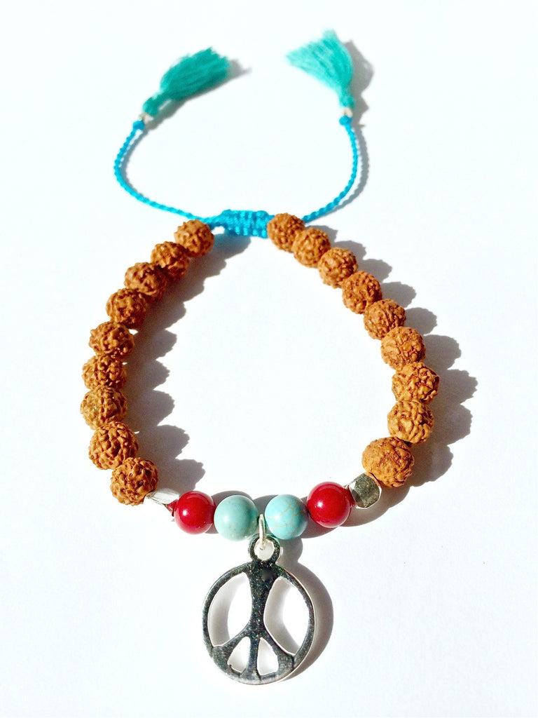 Peace wrist mala yoga bracelet, rudraksha, red coral, turquoise