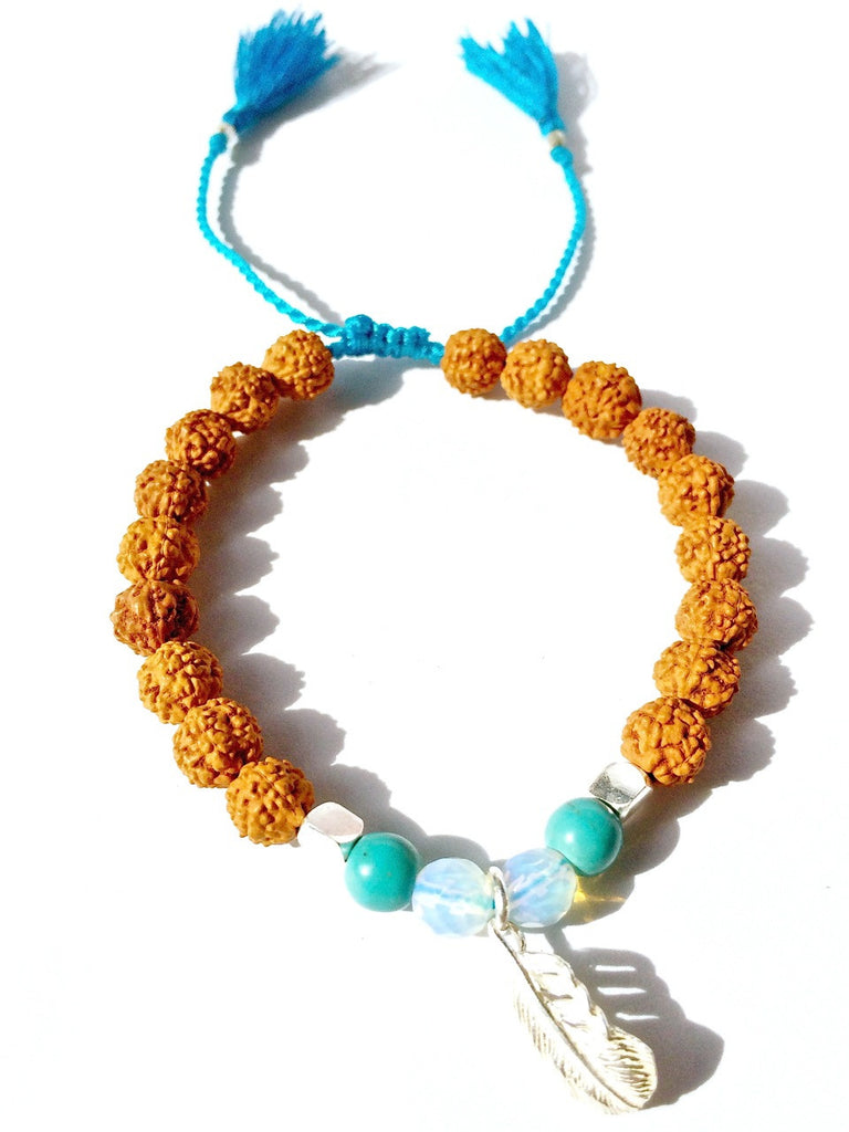 feather wrist mala yoga bracelet, rudraksha, turquoise, moonstone