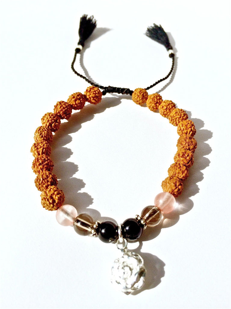 Rose wrist Mala Beads yoga bracelet, rudraksha, smokey quartz, onyx