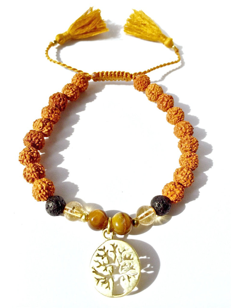 tree of life wrist mala beads yoga bracelet, rudraksha, lava, citrine, tigers eye - Heart Mala