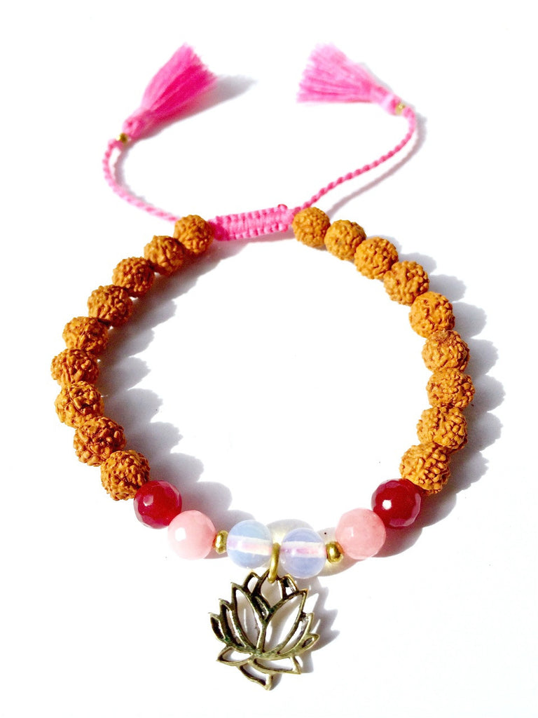 lotus wrist mala beads yoga bracelet, rudraksha, gemstones