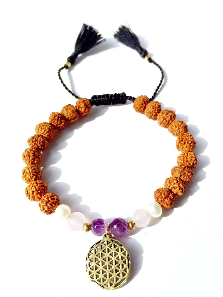 flower of life sacred geometry wrist mala beads yoga bracelet, rudraksha, pearl, rose quartz, amethyst - Heart Mala