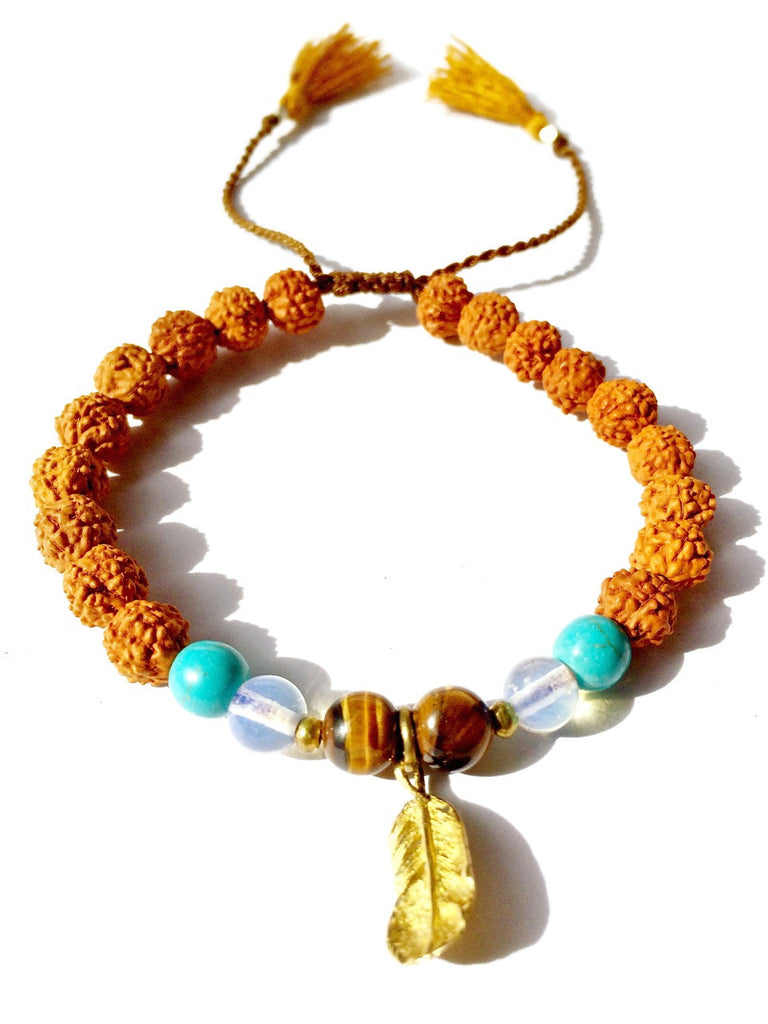 Feather wrist Mala Beads yoga bracelet, rudraksha, turquoise, quartz, tigers eye